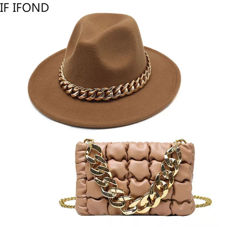 Women Oversized Chain Accessory Bag And Fedoras Hat 2-piece Sets Fashion Luxury Party Wedding Jazz Hat