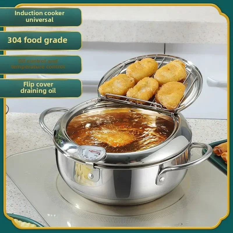 Japanese Deep Frying Pot with a Thermometer and a Lid 304 Stainless Steel Kitchen Tempura Fryer Pan 20 24 cm