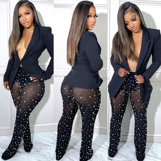 NEW arrivals 2PCS Set  S-2XL 3 Colors Women Sexy Outfits Clubwear Single Button Blazer Coats Pearls Mesh Sheer Pant Suits Y2K Clothes Matching Sets Girls Sexy Fashion Clothing Supplies