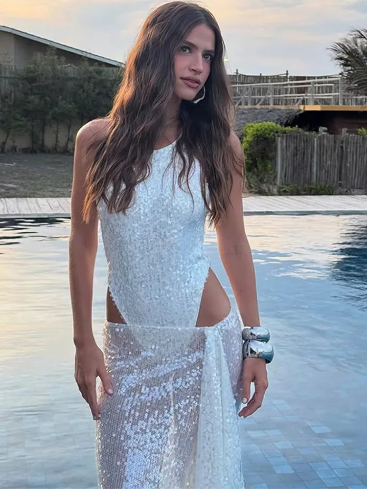 NEW Arrivals UK Size Sequins Glitter Skirt Set Woman New Summer Sexy Sleeveless Tank Jumpsuits + Ribbon Side Split Long Skirts Party Holiday Sets Evening Beach Party Night Club Outfit