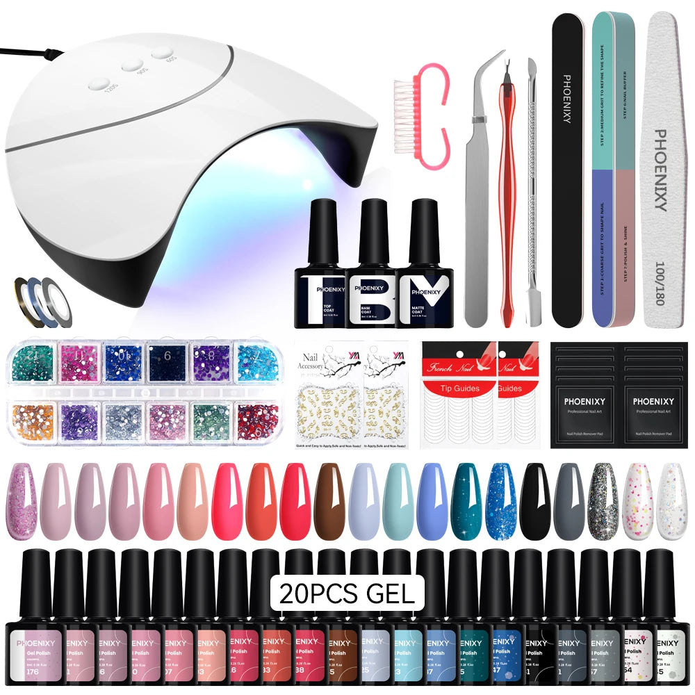 NEW Arrivals High Quality 20PCS Set 162 Colors Gel Nail Polish Set with UV LED Nail Lamp Semi Permanent UV Gel Varnishes Soak Off Complete Nail Art Tools Set Manicure Pedicure Kit Cosmetic Supplies