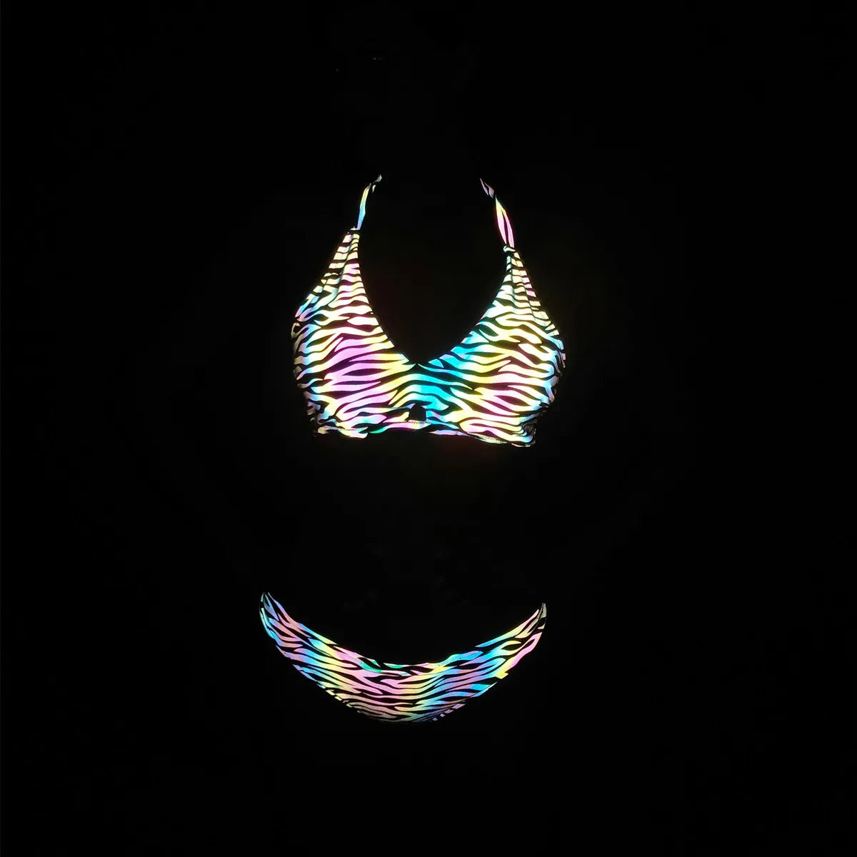 NEW Arrivals Sexy LGBT Rainbow Color Reflective Bikini Set Swimwear Women Ladies Lace Up Evening Beach Rave Party Night Clubwear Reflect Light Shiny Swimsuit Female Girls Summer Fashion Clothing Supplies