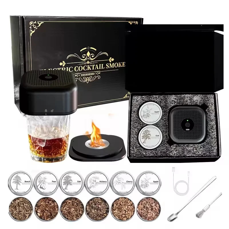 Whiskey Cocktail Smoke Set Infuser Electric Champagne Smoke Kit With 6 Wood Chips Rechargeable Cocktail Smoker Decanters Kit Customized Gift Home Bar Pubs Restaurants Supplies