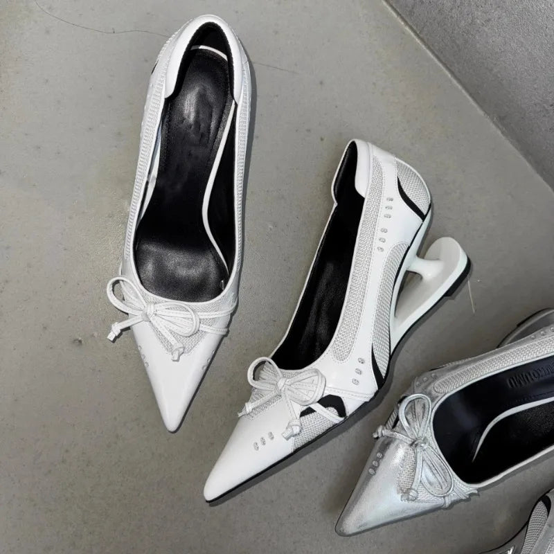 3 Colors New Style Special Heel Spliced Heels Pointed Toe Heels Women's Fashion Shallow Mouth Bow Non-Slip Mary Jane Single Shoes Large 42