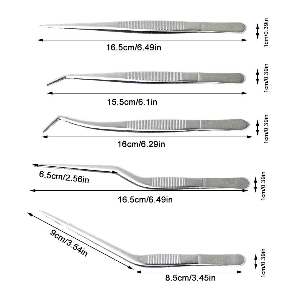 5 PCS Set Cooking Tongs Tweezers Set, Food Grade Stainless Steel, Non-Slip Bent Tip, Food Tongs, For Plating Cooking Baking, Home Use Outdoor Barbeque Camping Cooking Accessories