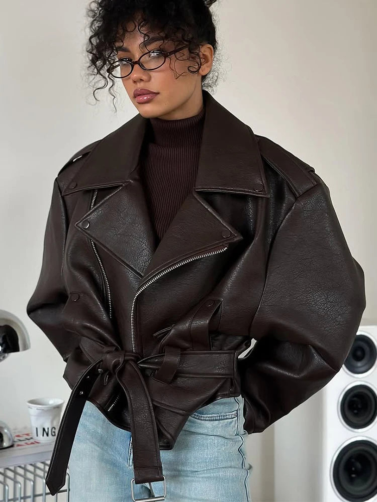 UK Size Casual Dark Red/Burgundy Color  Zipper Leather Short Jackets Women Long Sleeve Lace Up Lapel Loose Button Coat Lady Daily High Street Wear