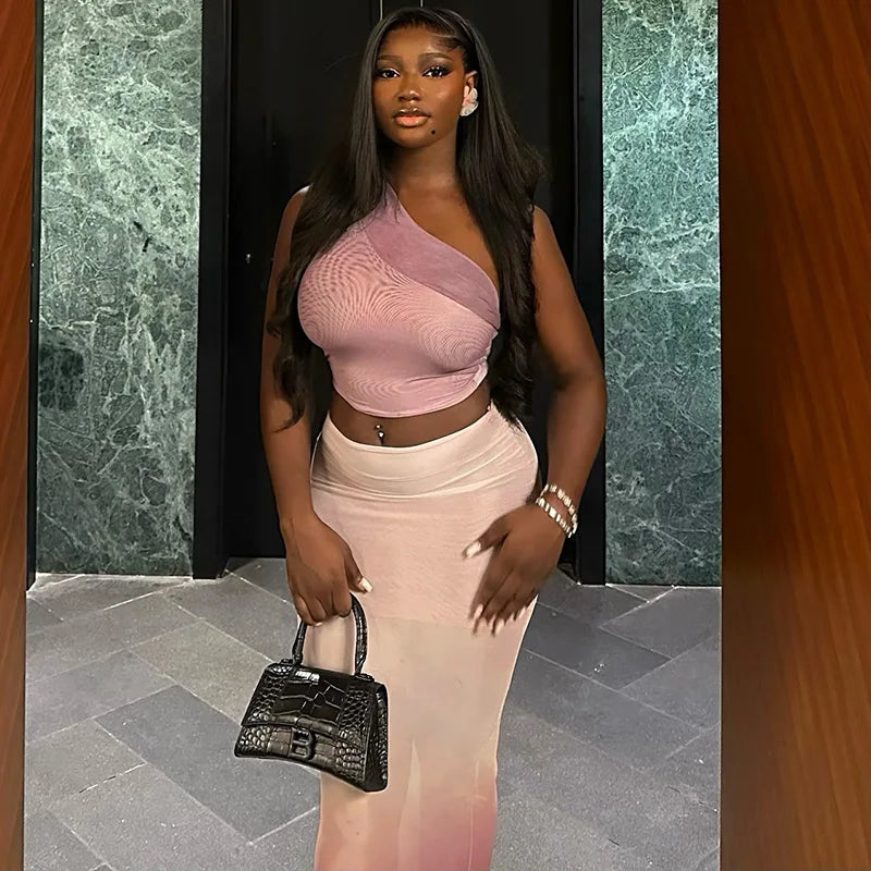 2 PCS Suit UK Size Purple/Pink Color Sister Star Fresh Fashion Neckless Wrap Hip Tight Gradient Color Slant Neck Slightly Transparent Long Dress Two Piece Set