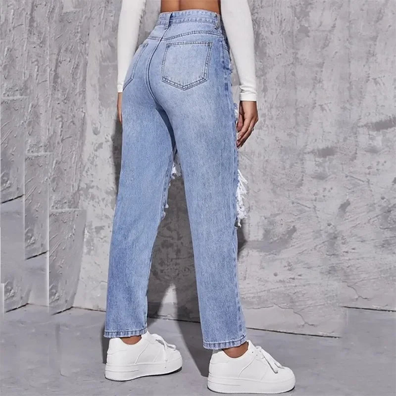 NEW Arrivals Women Jeans Distressed Straight Pants Ripped Denim Washing Ankle Length Holes Pockets High Waist Zipper Fly Flat Streetwear Solid Color Girls Casual Fashion Clothing Products