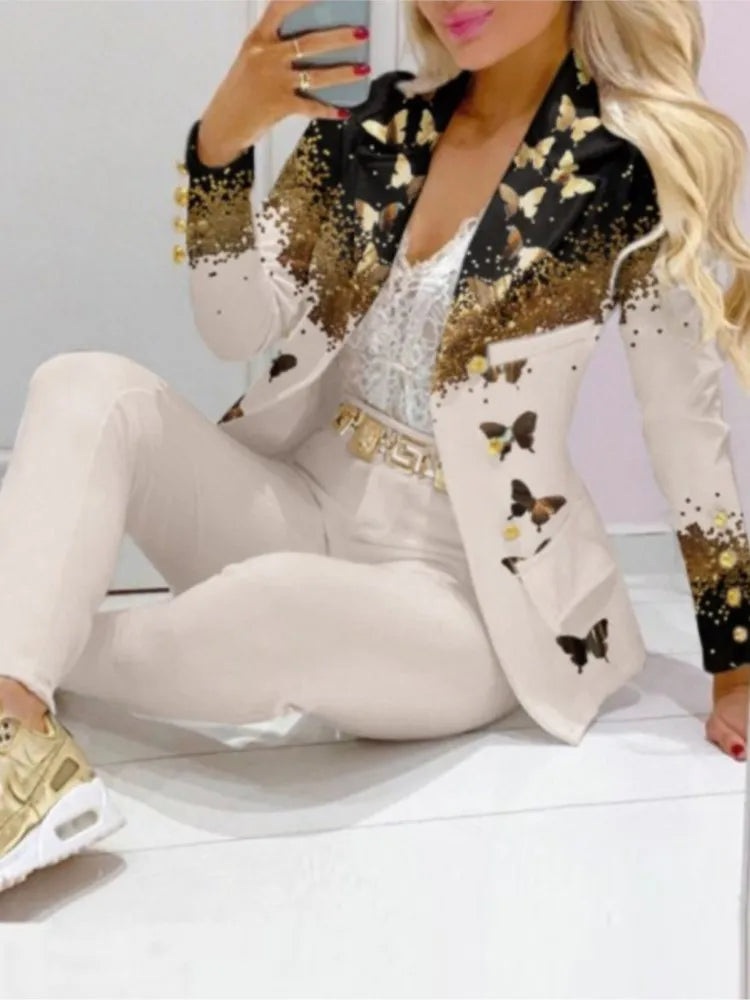 NEW Arrivals 2PCS Set 12 Patterns/Colors Autumn Winter Luxury Italian Suit Long Sleeve Blazer Women's Suit Fashion Color Matching Slim Elegant Female Office Lady Night Business Suit Ladies Luxury Fashion Clothing Supplies