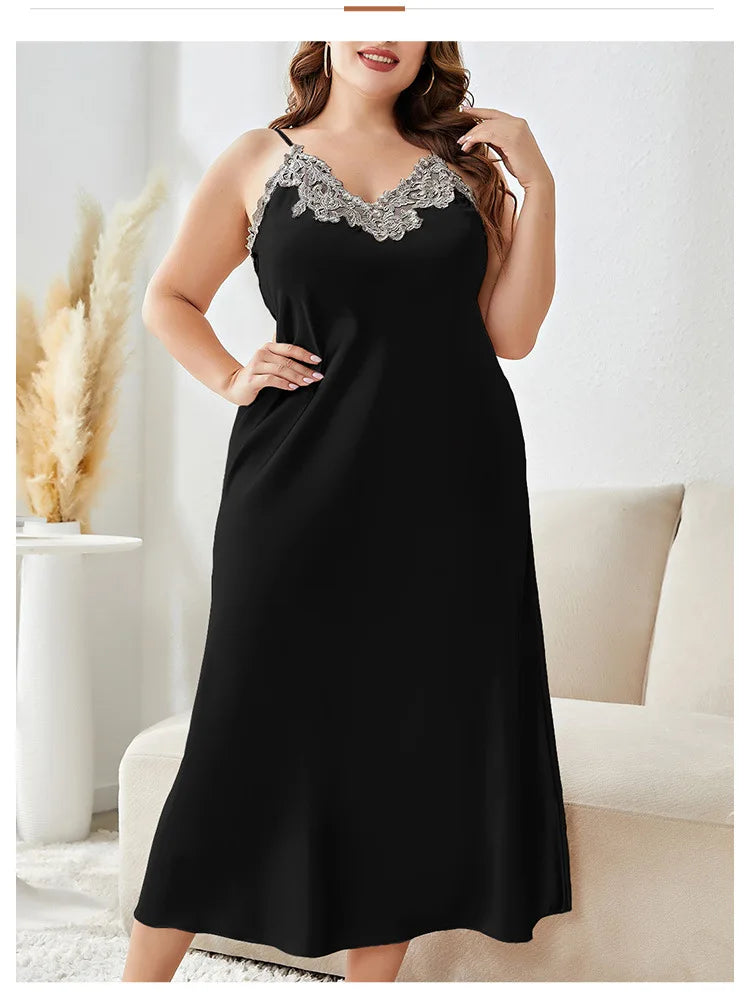 For Curvy Ladies XL-5XL Plus Size Long Nightgown Oversize Sleepwear Big Girls Satin Home Wear Dressing Gown Spaghetti Strap Loose Lingerie Lace Trim Nightwear Loungewear