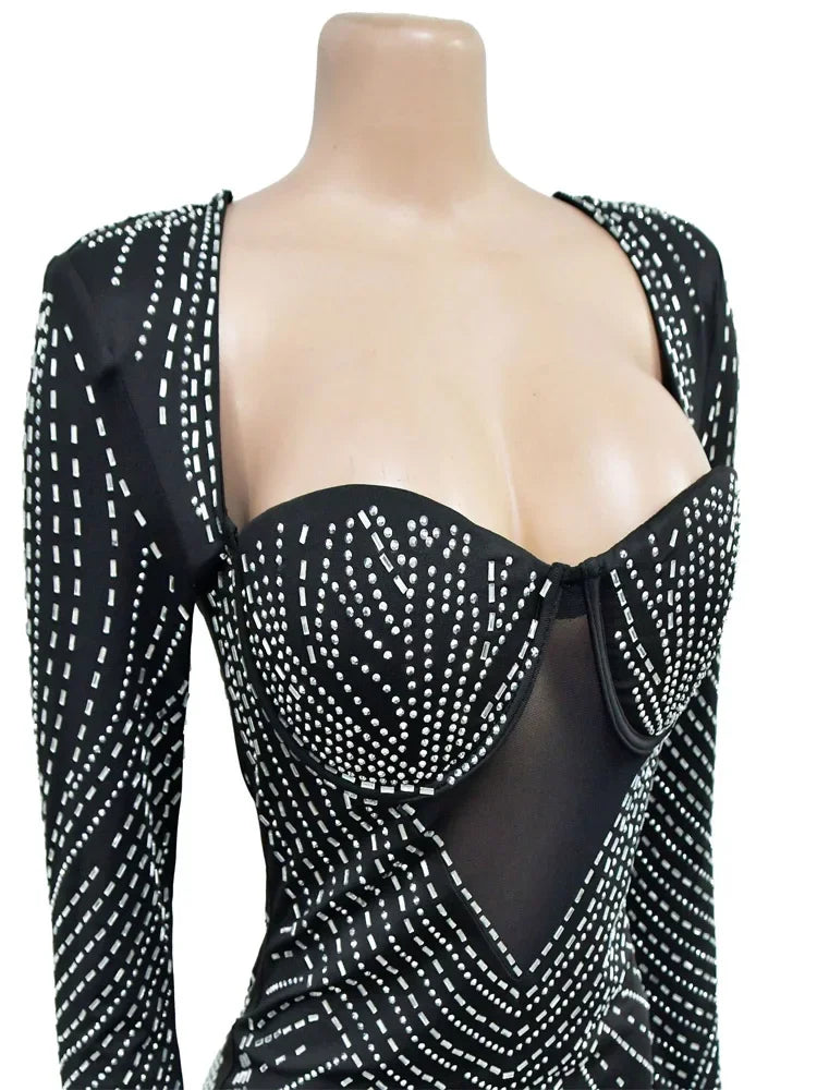 Sexy  Beautiful Black Rhinestone Padded Mini Dress Your Distraction Diamonds Party Dress Birthday Outfits Night Out Wear Robe