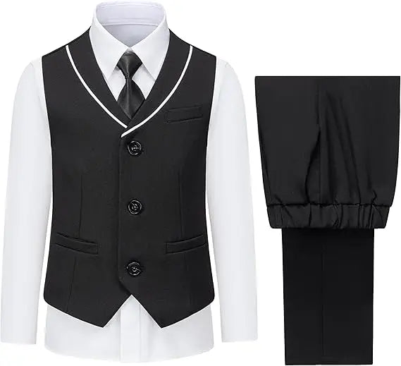 3 PCS Set 10 Colors Boys Kids Vest and Pants Set + Tie + Bowtie Formal Dress Suit Teen Boy Wedding Guest Evening Birthday Party Communion Outfit Kids Piano Host Performance Costume