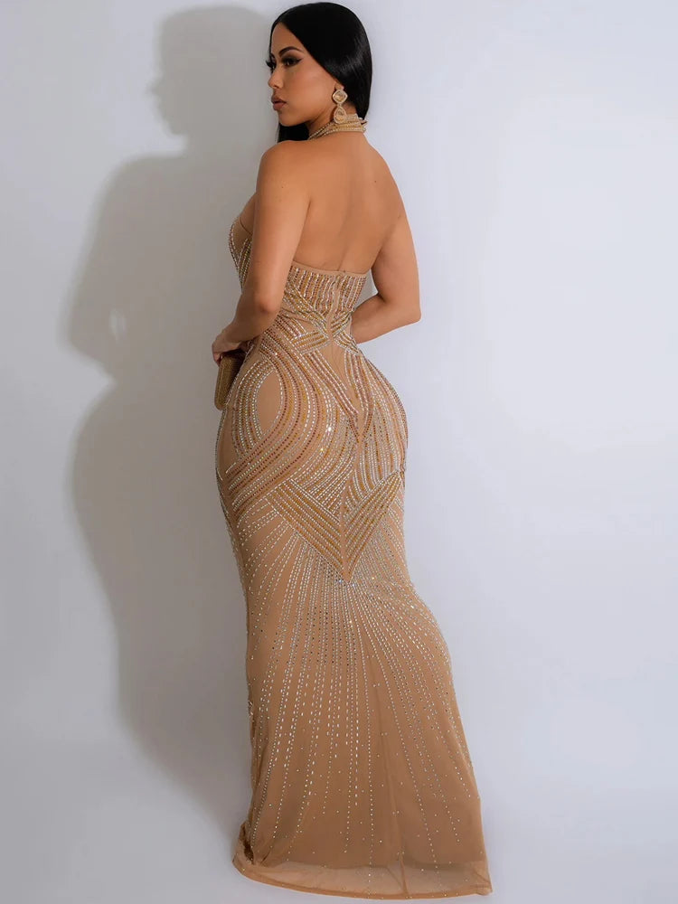 Women's Rhinestones Décor Long Maxi Dress Glam Backless Hallucination Mesh Diamonds Party Dress Celebrities Outfits