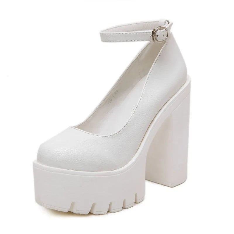 NEW Arrivals Black/White Sexy Thick-Soled Single Shoes Women's 14CM High Heels European American Fashion Buckle Women's Platform Heels Pumps Bridal Shoes Footwear Accessories