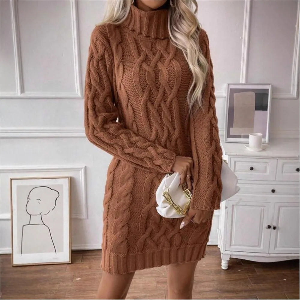 4 Colors UK Size Winter Warm Wool Clothes Woman Pulls Femmes High Neck Vestido Slim Fit Woolen Sweater Knitted Long Sleeve Dress All-Match Simple Style Commuting