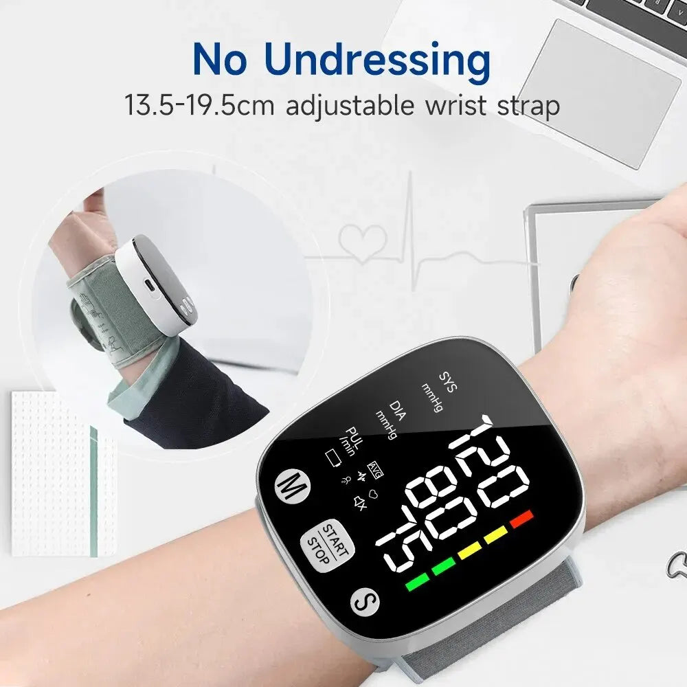 New LED Rechargeable Wrist Blood Pressure Monitor English / Russian / Portuguese / Spanish Voice Broadcast Tonometer BP Monitor