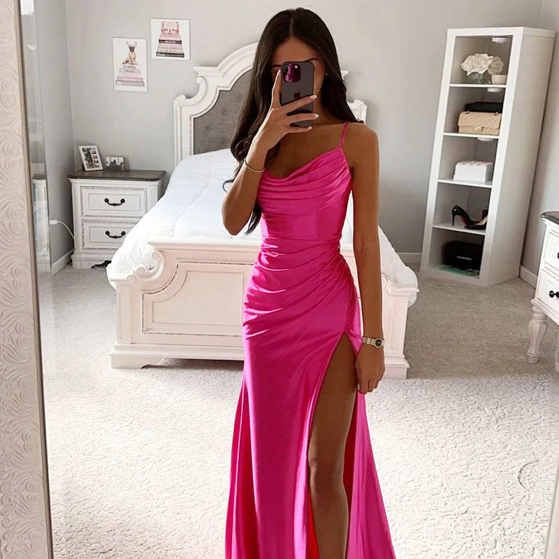 Just Arrived Luxury Satin Maxi Dress 8 Colors S-2XL UK Size  New Style Strapless Gathered Side Slit Satin Gown Sexy European And American Bodycon Evening Dress for Women