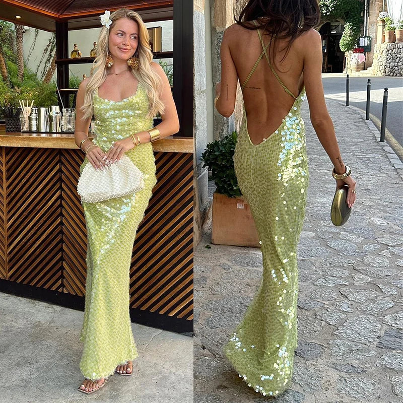 NEW Arrivals UK Size Beaded Sequins Backless Luxury Long Dresses Women Sexy Lace Up Slim Halter Evening Beach Party Night Club Glitter Dress Lady Elegant Summer Shinny Gown