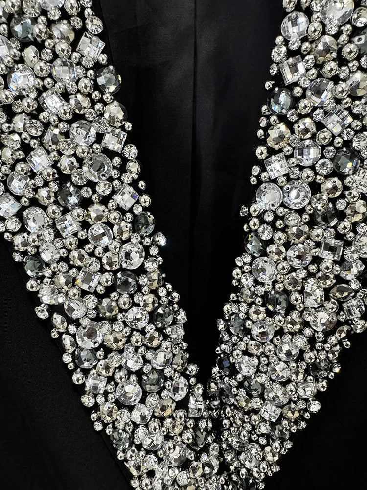 NEW Arrivals UK Large Size Black/White Color Top Quality Autumn Winter Spring Italian Luxury Fashion Beading Diamonds Blazer Women Suit Coat White Long Sleeve Double Breasted Long Blazer Office Lady Products