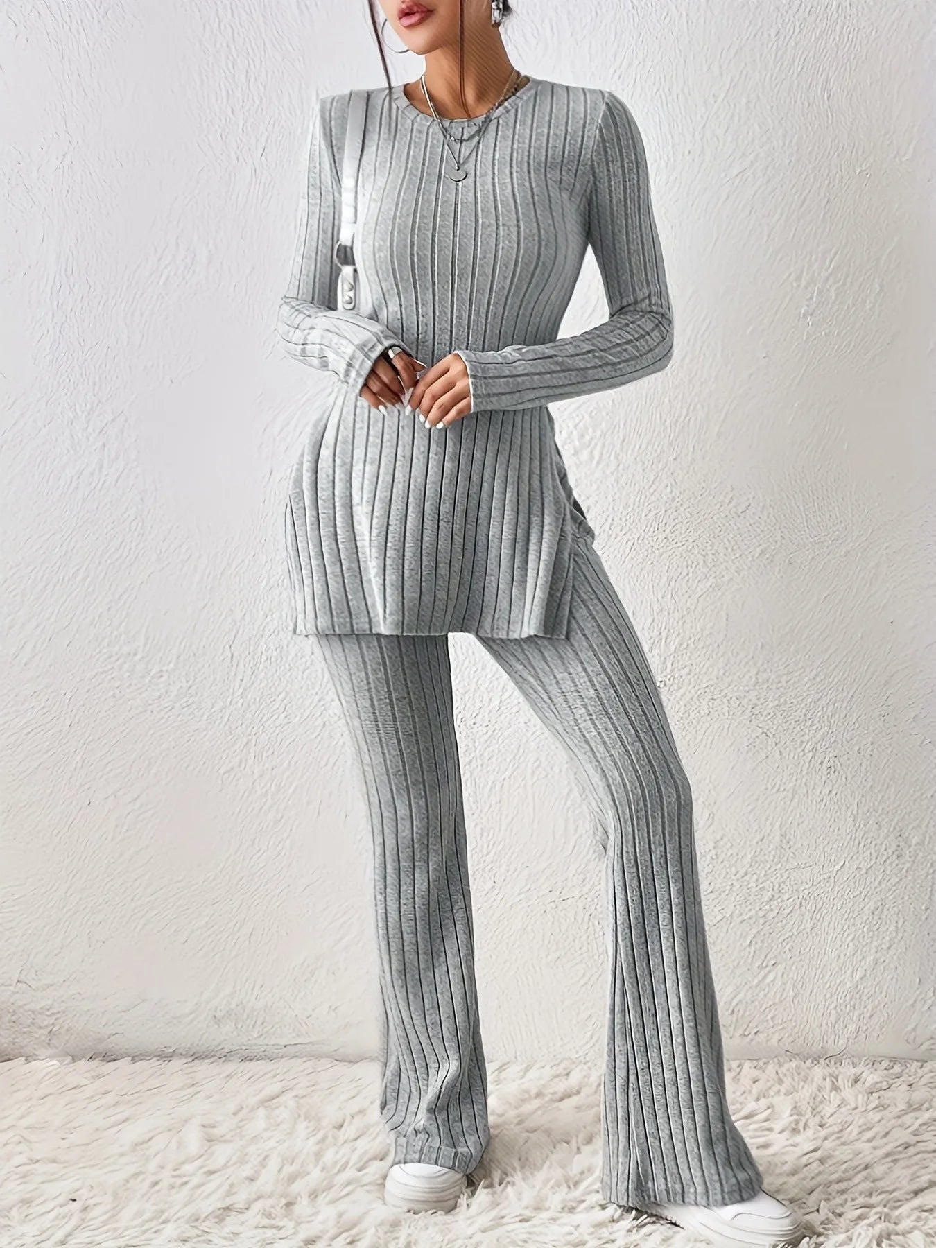 NEW 2PCS Set S-XL UK Size 4 Colors Women Top Straight Pants Suit Split Tops Trousers Ensemble Round Collar Autumn Winter Casual Outfits Female Sports Clothing Supplies