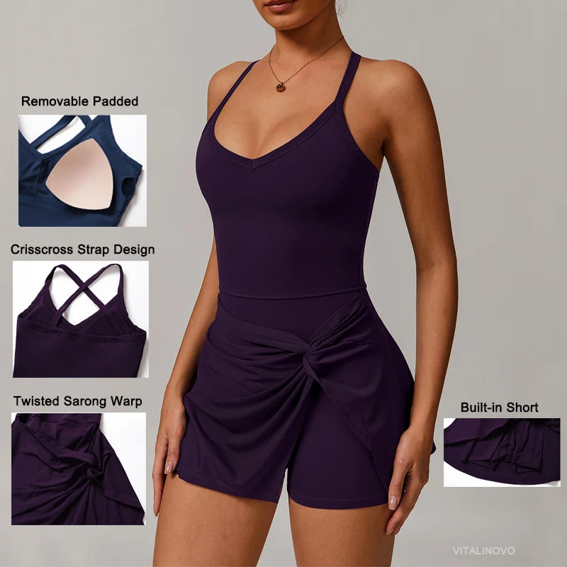 S-XL 5 Colors Women Tennis Dress with Shorts Underneath Workout Dress with Built-in Bra Deep V Neck Athletic Dresses Golf Dress