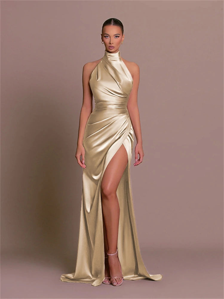 8 Colors Ladies Summer Luxury Satin Sexy Evening Wedding Guest Birthday Party Business Dinner Dresses Women Sleeveless Backless Halter Side Slit Elegant Long Dress Women Sexy Outfits Clothes