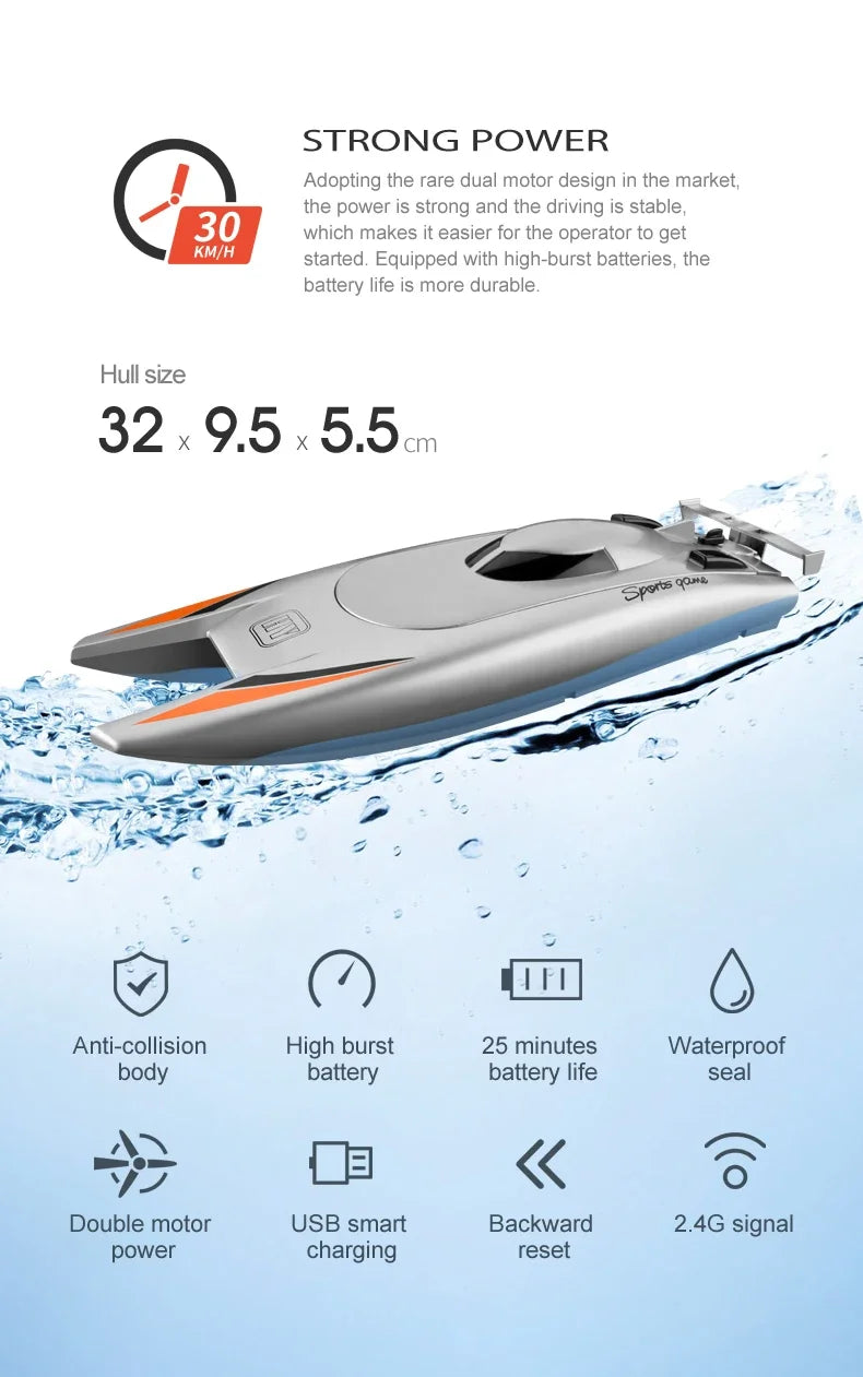 2.4G RC Silver/Black Color Boat 30Km/H High Speed 4 Channels Dual Motor 2CH Waterproof Remote Control Racing Ship Toy - 20Mins Battery for Kids & Adults River Lakes Sea Ocean Water Sports Supplies