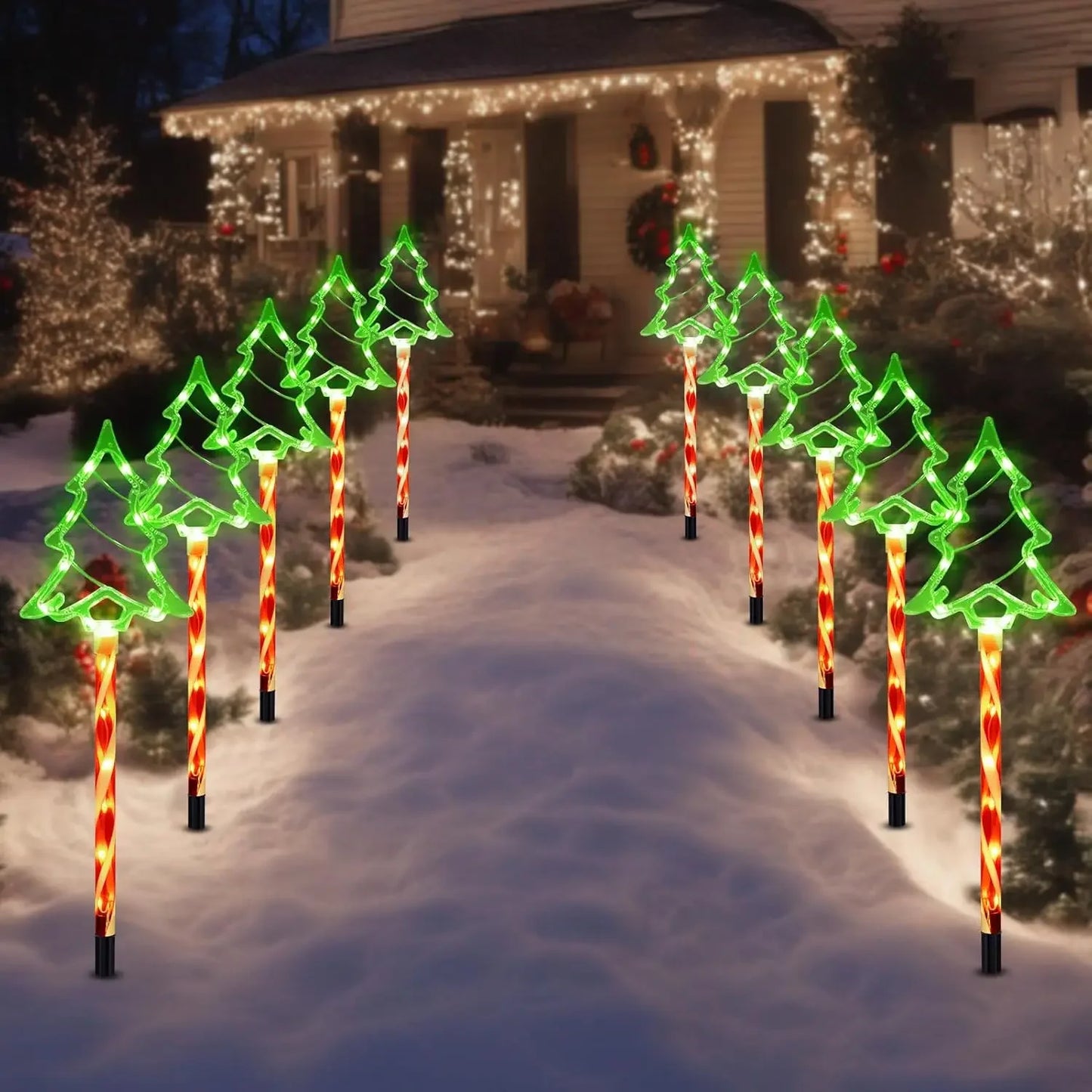 5PCS Set Solar Christmas Pathway Lights Outdoor Decorations Xmas Tree Candy Lights Waterproof Led Garden Stake Lights Yard Lawn Decoration Supplies Products