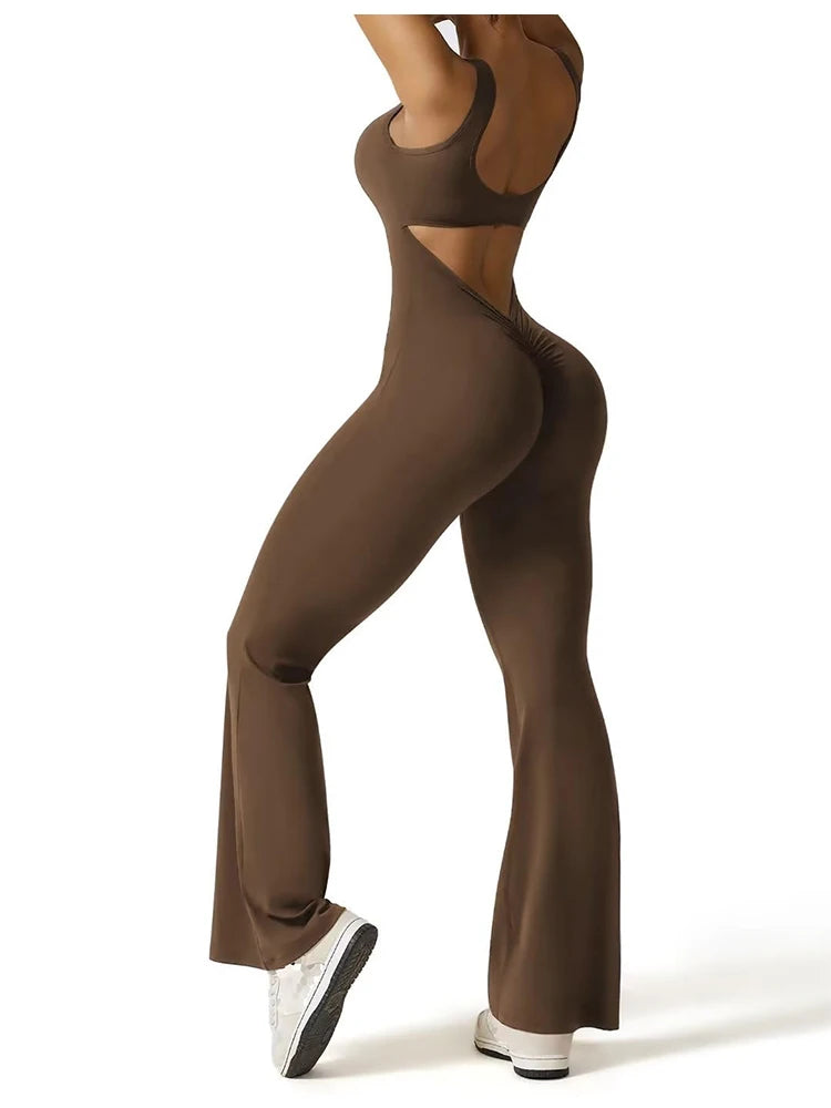 5 Colors S-XL Size Women's Fitness Flared Bodysuit Sexy Backless Fitness Tight Waistband Hipless Yoga Bodysuit V Back Waistband Hip Lift Female Apparel Sports Clothing Supplies