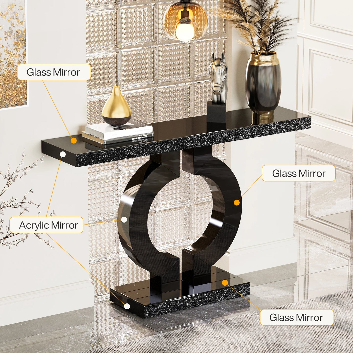 Ivory/Black Color 43-Inch Luxury Modern Mirrored Console Table, Glass Sofa Table with Mirror Finish, Entryway Table with O-Shaped Base, Home Furniture Supplies