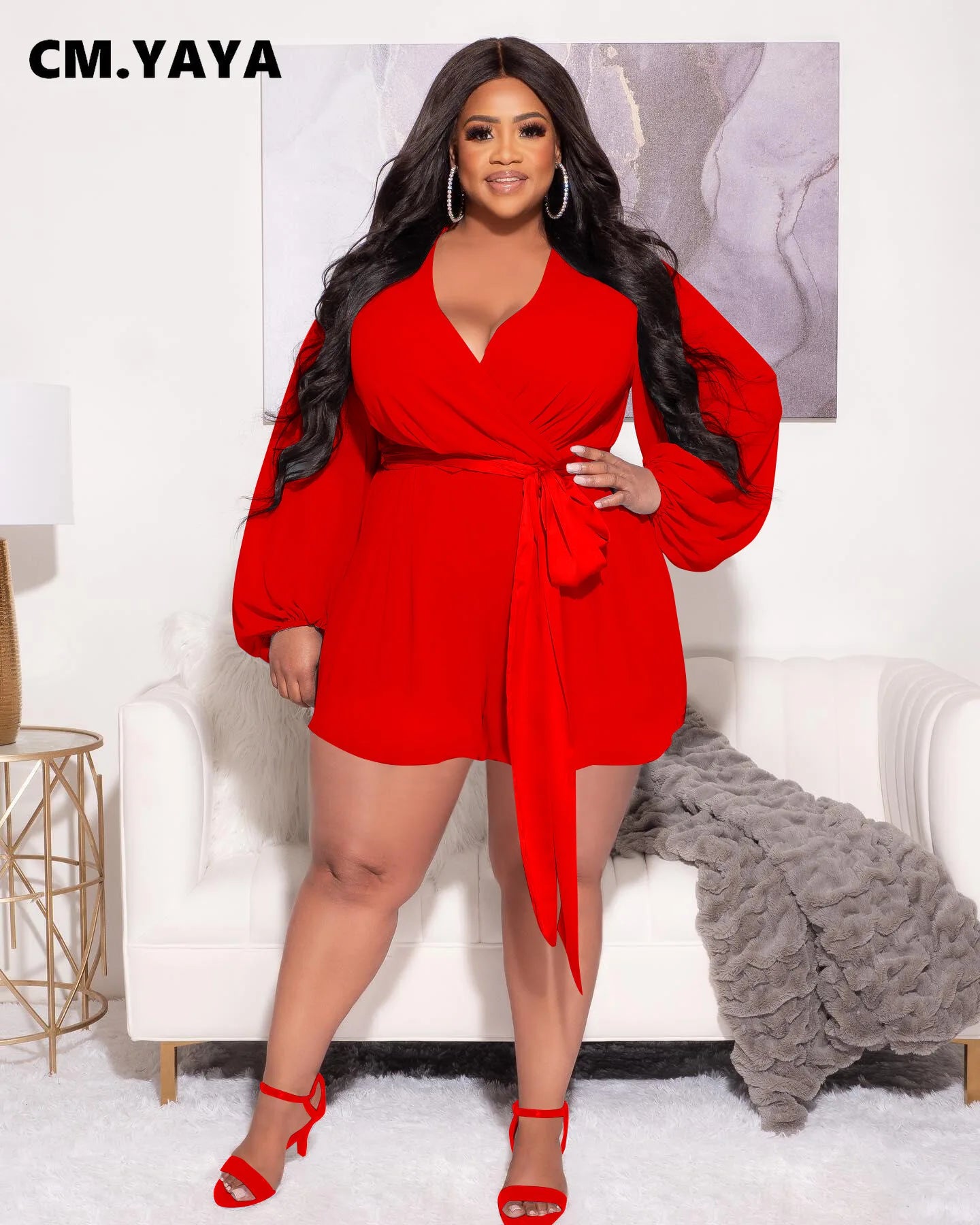 Plus Size Women Long Sleeve V-neck Chiffon Romper Summer Elegant Fashion Chic Playsuit Short Jumpsuit