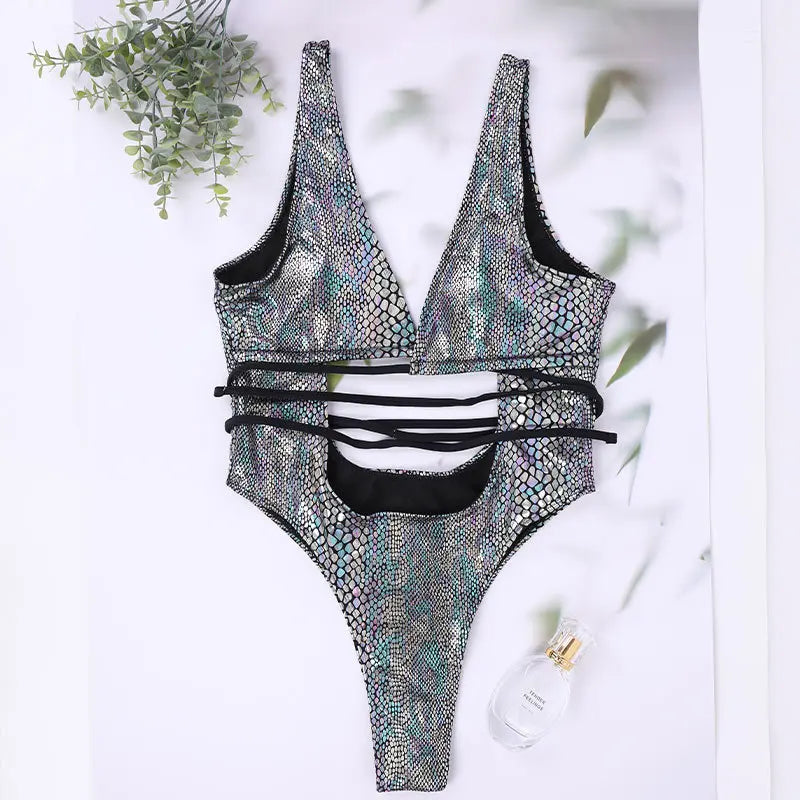 8 Colors Women's Sexy Snakeskin Swimsuit  One Piece Monokini Swimsuit New Front Cut Out Bandage Sequin Golden Silver Snakeskin Bathing Suit