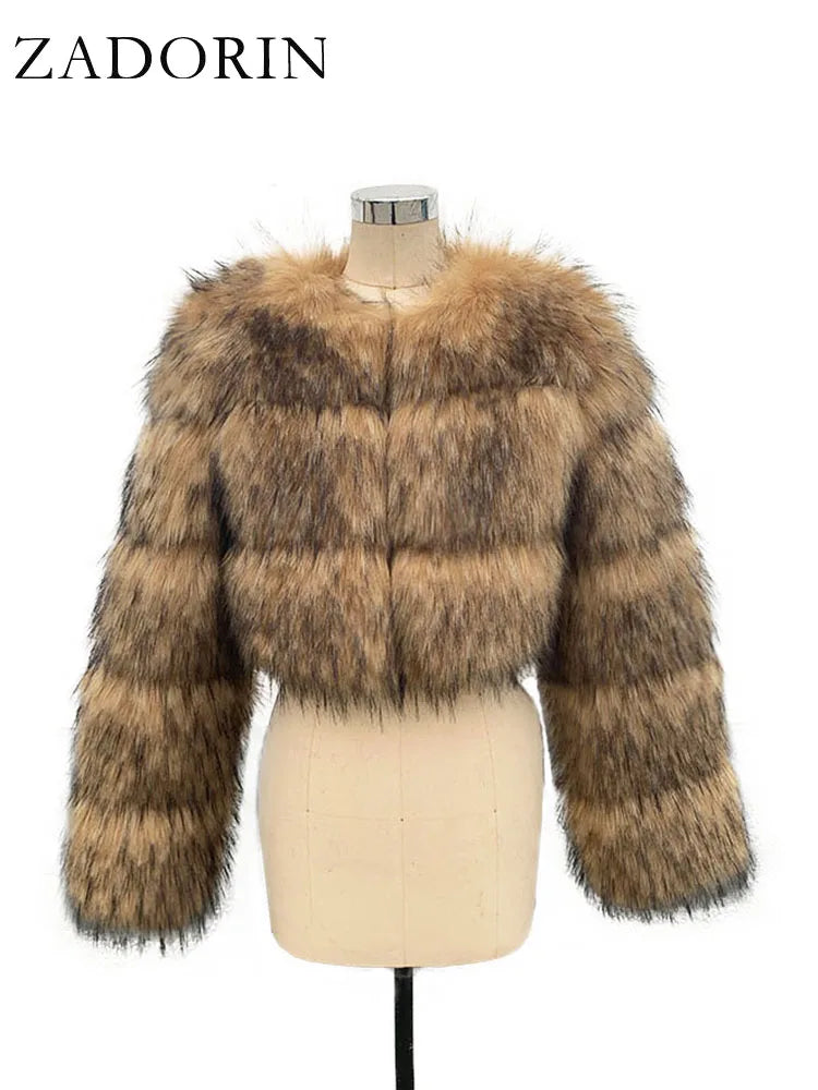 NEW Arrivals S-6XL High Quality Cropped Faux Raccoon Fur Coat Women Winter Warm Snow Outwear Fashion O Neck Long Sleeve Fluffy Short Faux Fur Jacket Crop Top Ladies Girls Luxury Fashion Clothing Supplies