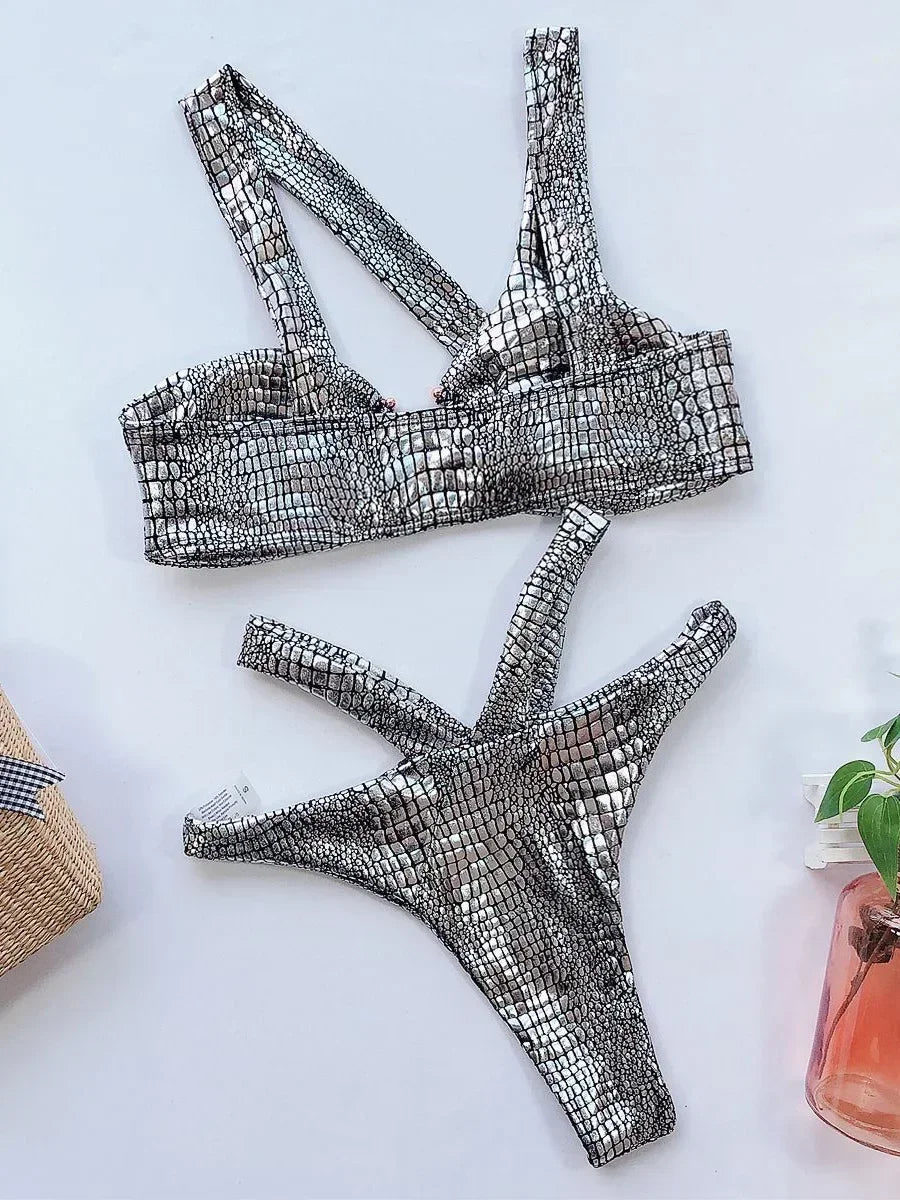 NEW Arrivals Silver/Pink/Gold Asymmetric Shiny Snake Skin Thong Bikini Female Swimsuit Women Swimwear Two Pieces Bikini set High Cut Bather Bathing Suit Swim Girls Ladies Beach Wear