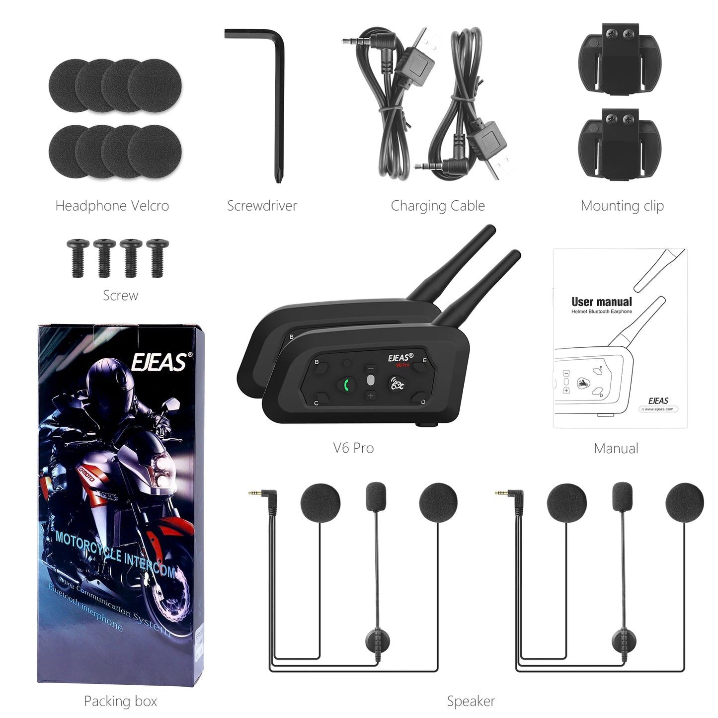 V6 PRO Bluetooth Motorcycle Helmet Intercom Headset with 1200M BT Interphone Communicator for 6 Riders Waterproof