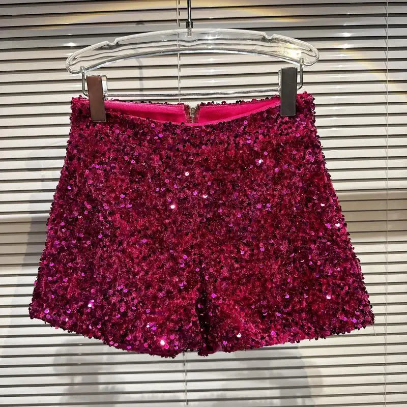 New Arrivals Sexy Clubwear Shorts Ladies Luxury Sequins Shorts Loose High Waist Streetwear Wide Leg Short Pants Sliver Black Women Girls Clothing