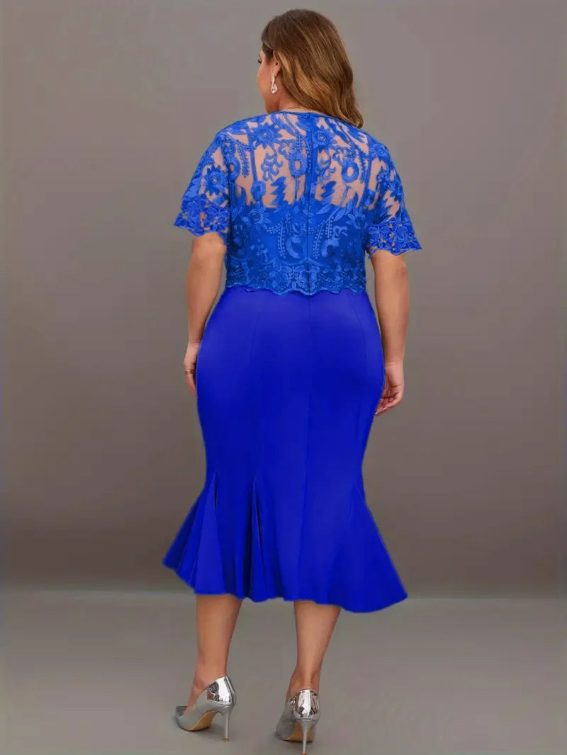 Plus Size Large Size Elegant Dress with Embroidered Patchwork and Solid Color Fashionable Slim Fit Long Dress