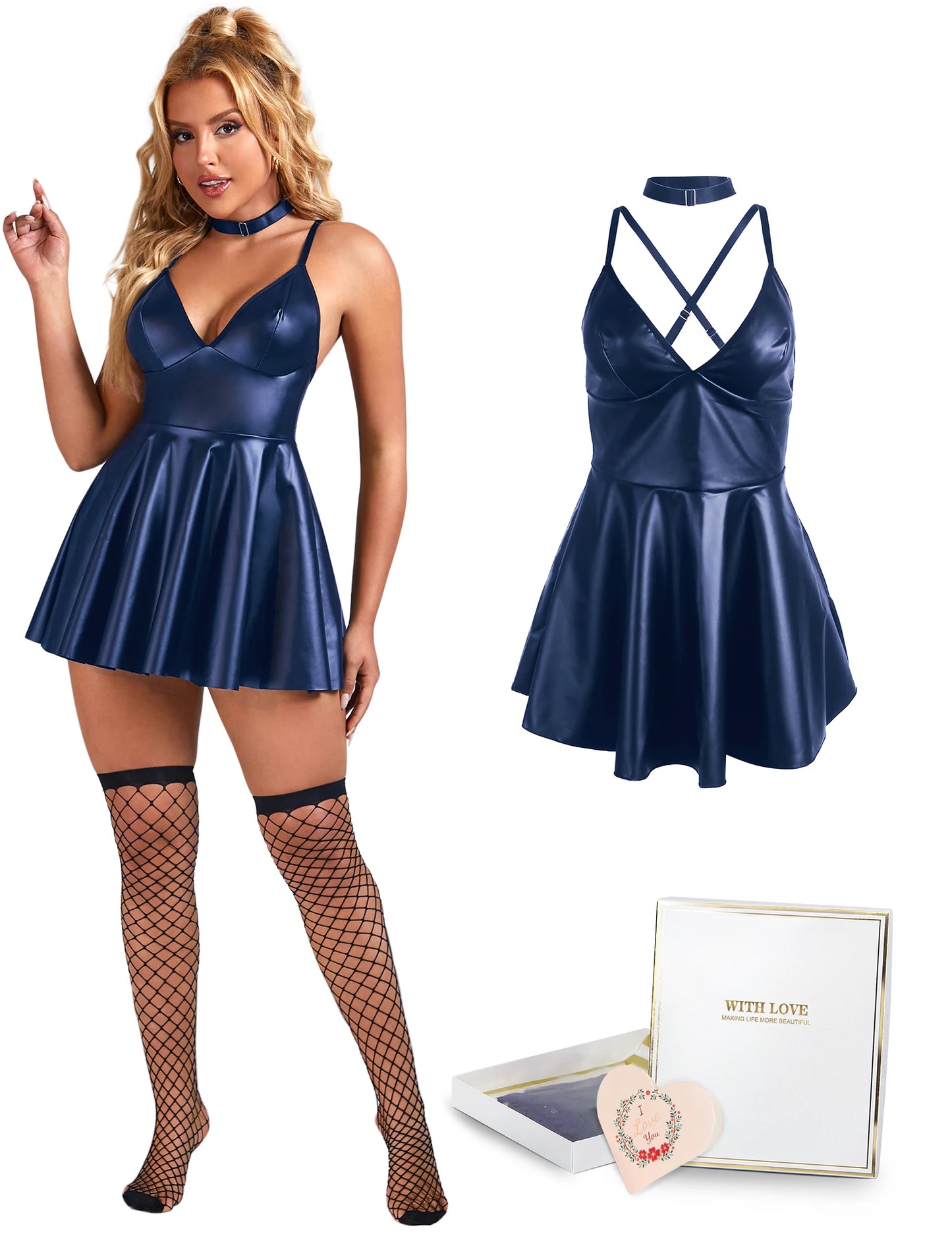 S-3XL UK Plus Size 4 Colors Sexy PU Leather Suspender + Gift Box Curvy Girls Sexy Nightdress Evening Party Night Clubwear Outfit Women Leather Mini Dress