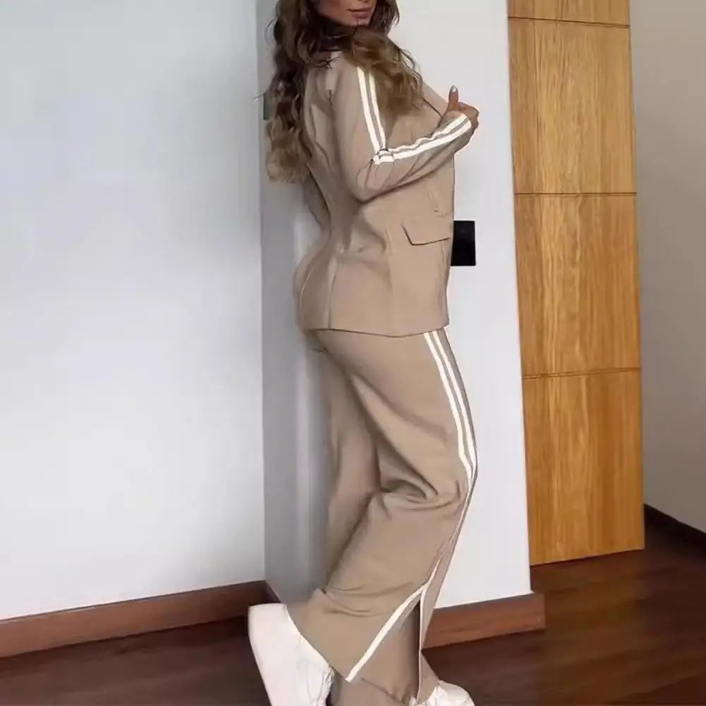2 PCS Set S-3XL UK Size 5 Colors Women's Blazer Formal Coat Pants Set Autumn Winter Long Sleeves Jacket Loose Striped Wide Leg Casual Suit Outfit Girls Ladies Fashion Apparel Supplies
