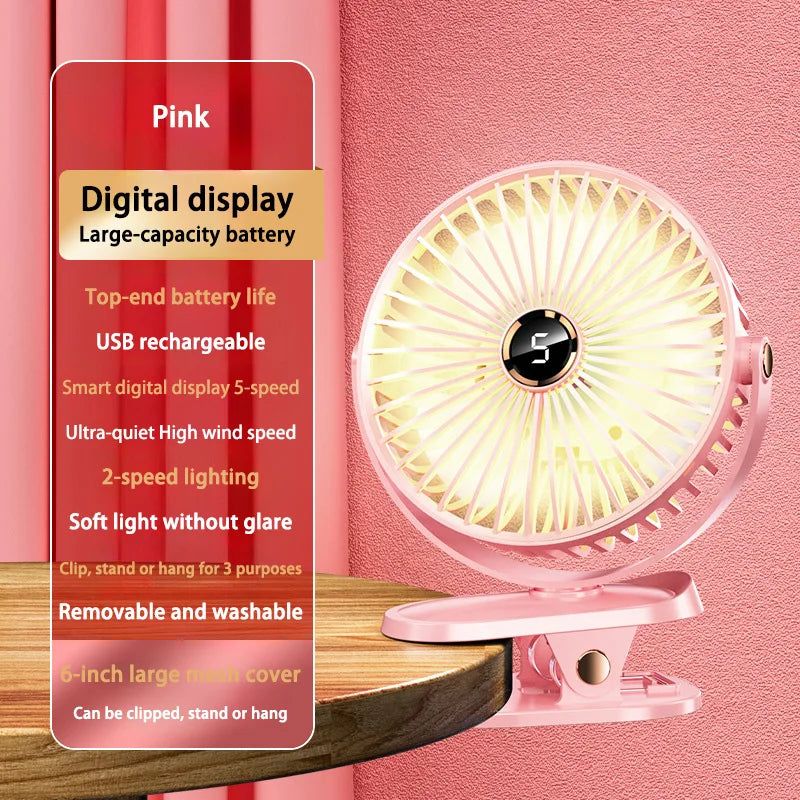 8000mAh Clip-On Whirlwind Fan 5 Speed Quiet Rechargeable Desktop Portable Air Circulator Wireless Fan With LED Light For Home Office Desktop Outdoor Camping Cooling Accessories