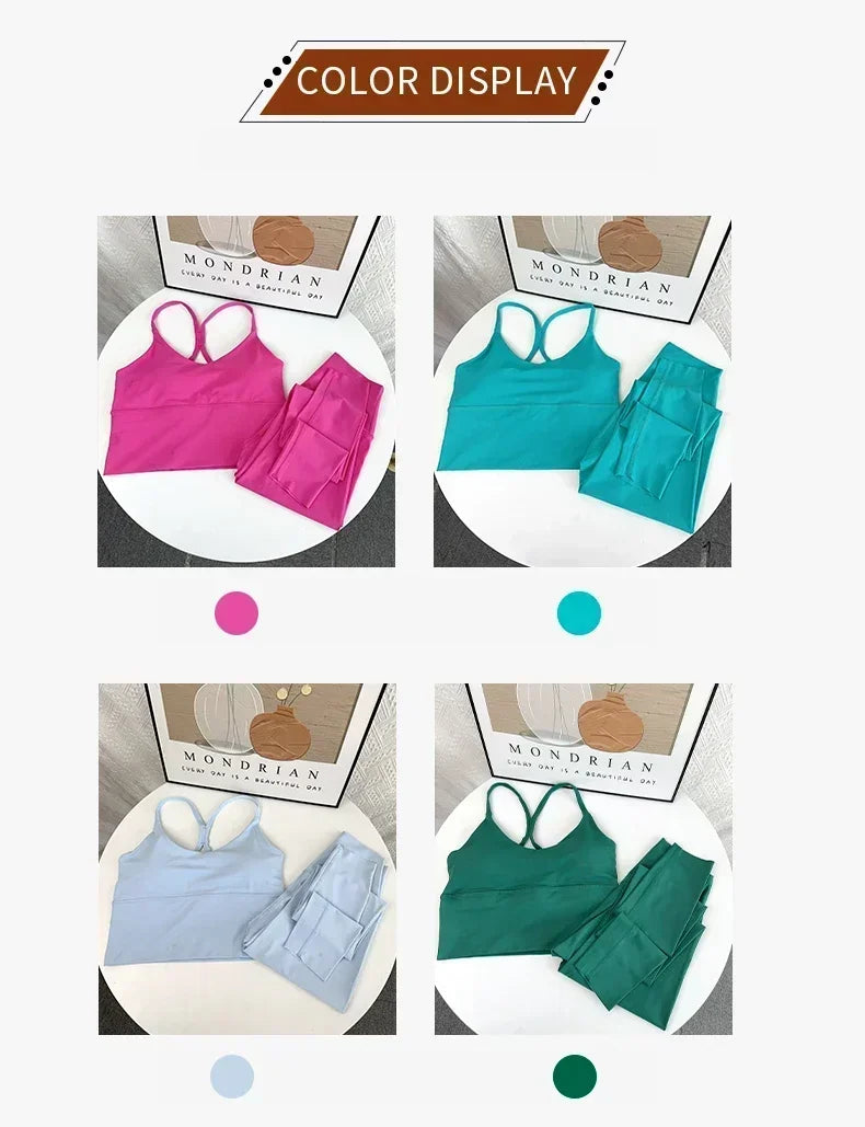 2 PCS Yoga Set 7 Colors Sportswear Fitness Suits Sexy Cross Back Yoga Tops Elasticity High Waist Leggings Running Sports Clothing👚👍️