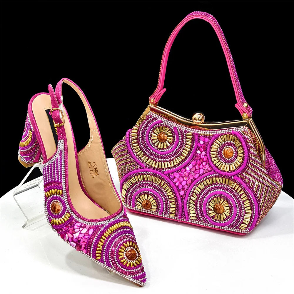 8 Colors High-End Matching Women's Luxury Shoes with Diamond Hard Box Bag Popular in Nigeria Evening Wedding Party Women's High Heels Shoes Apparel Sets