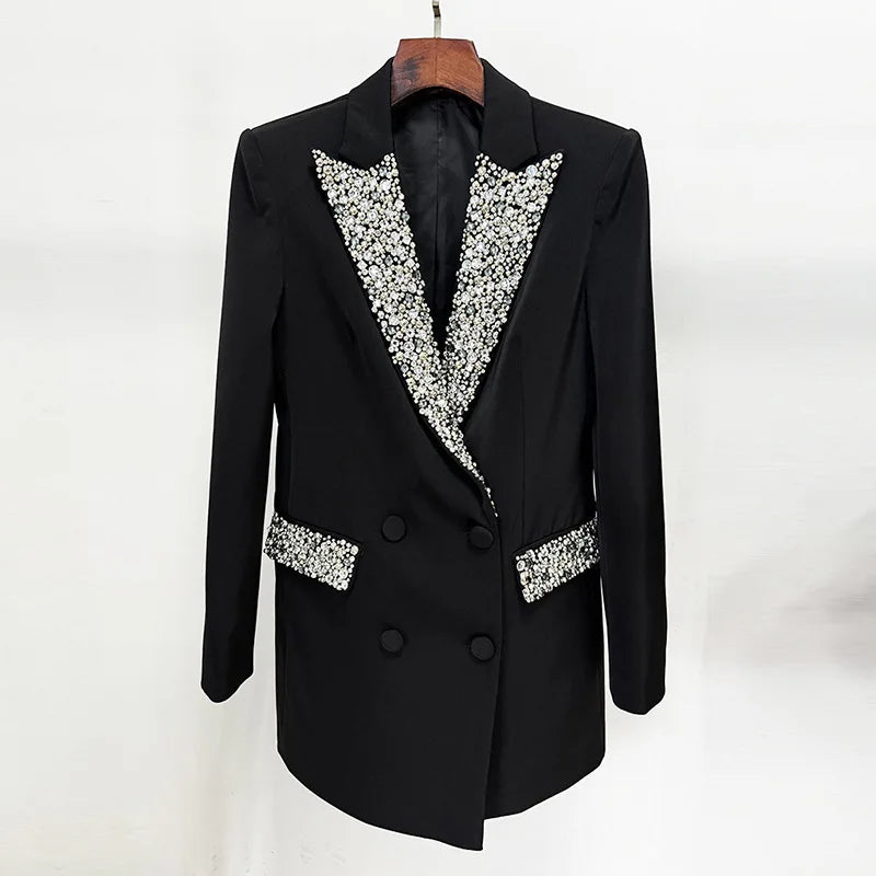 NEW Arrivals UK Large Size Black/White Color Top Quality Autumn Winter Spring Italian Luxury Fashion Beading Diamonds Blazer Women Suit Coat White Long Sleeve Double Breasted Long Blazer Office Lady Products