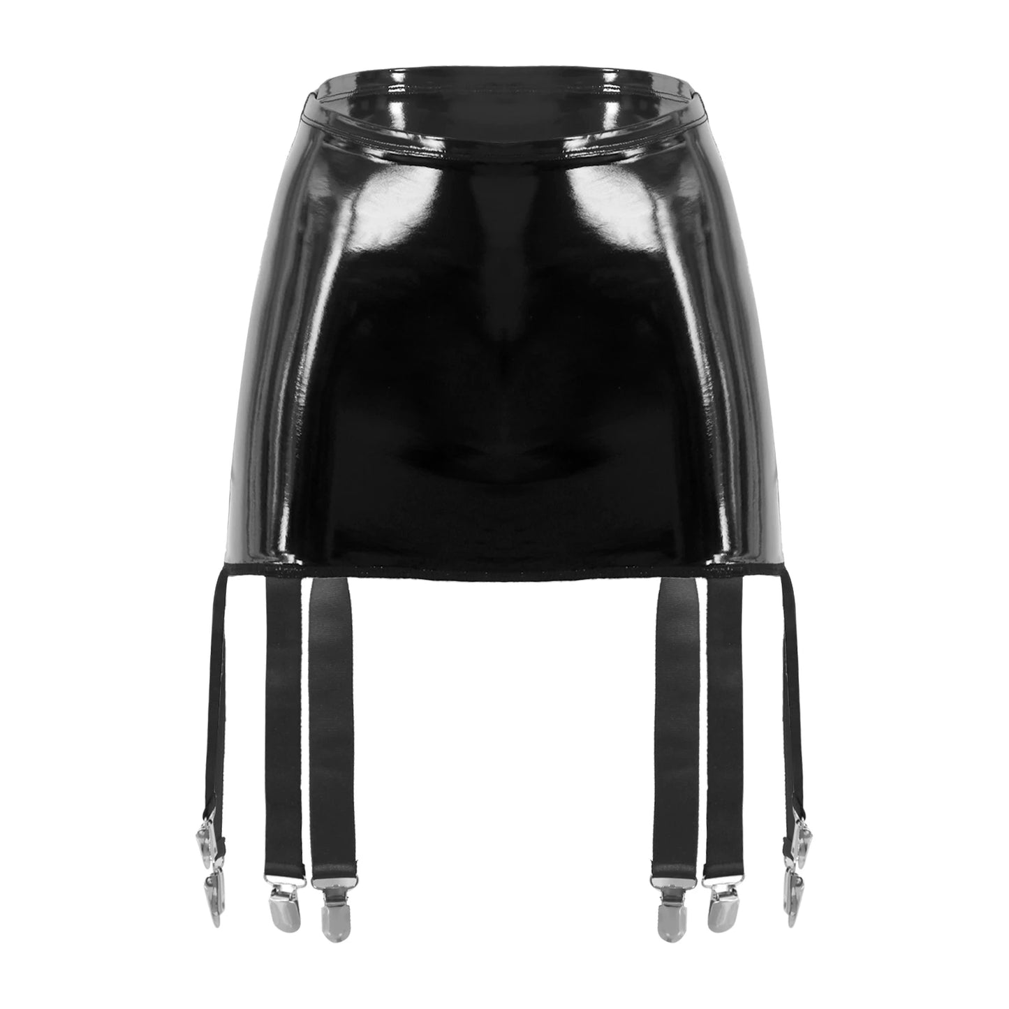 S-4XL Women's Wet Look PVC Leather Mini Skirts with Garter Belt High Waist Suspenders Pencil Skirt with 6 Metal Buckle Clips Clubwear Female Girls Sexy Underwear Set Lingerie Fashion Clothing Products