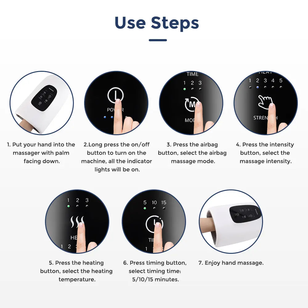 3-5 Modes Touch Screen 360° Air Pressure Hand Massager 5 Levels 3 Modes Airbag Shiatsu Kneading Palm Wrist Fingers Acupoint Hot Compress Type C Charging Port Hand Pain Relief Massager Relaxation Device