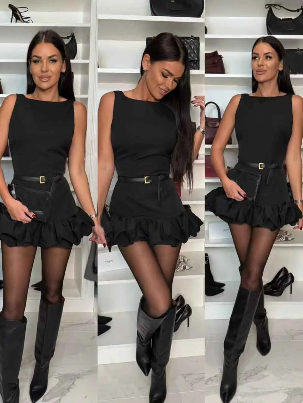 NEW Arrivals 3 Colors Sexy Solid Ruffled Hem Women Dress O-Neck Sleeveless Backless Slim Mini Solid Color Evening Party Night Club Dresses Ladies Sexy Fashion Clothing Supplies