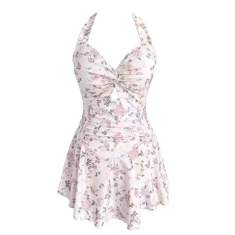 5 Colors Swimming Suit for Women Solid Color Slimming One-piece Dress Style Conservative Waist Tightening Slimming Vacation Swimsuit