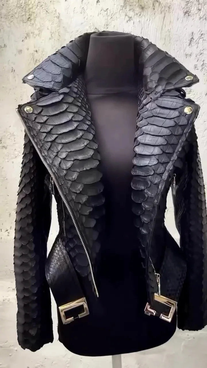 S-3XL UK Plus Size Autumn and Winter Women's PU Leather Black Snakeskin Leather Locomotive Jacket