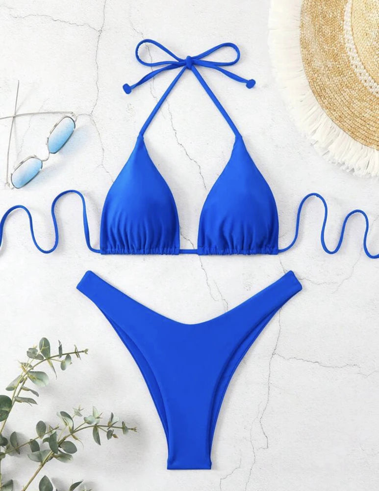 2 PCS Set UK 8-16 Size (S-XL)  8 Colors Women Thong Bikini Sexy Solid White/Black/Coffee Halter Swimsuit Lace Up Brazilian Bathing Suit New Double Fabric Beachwear