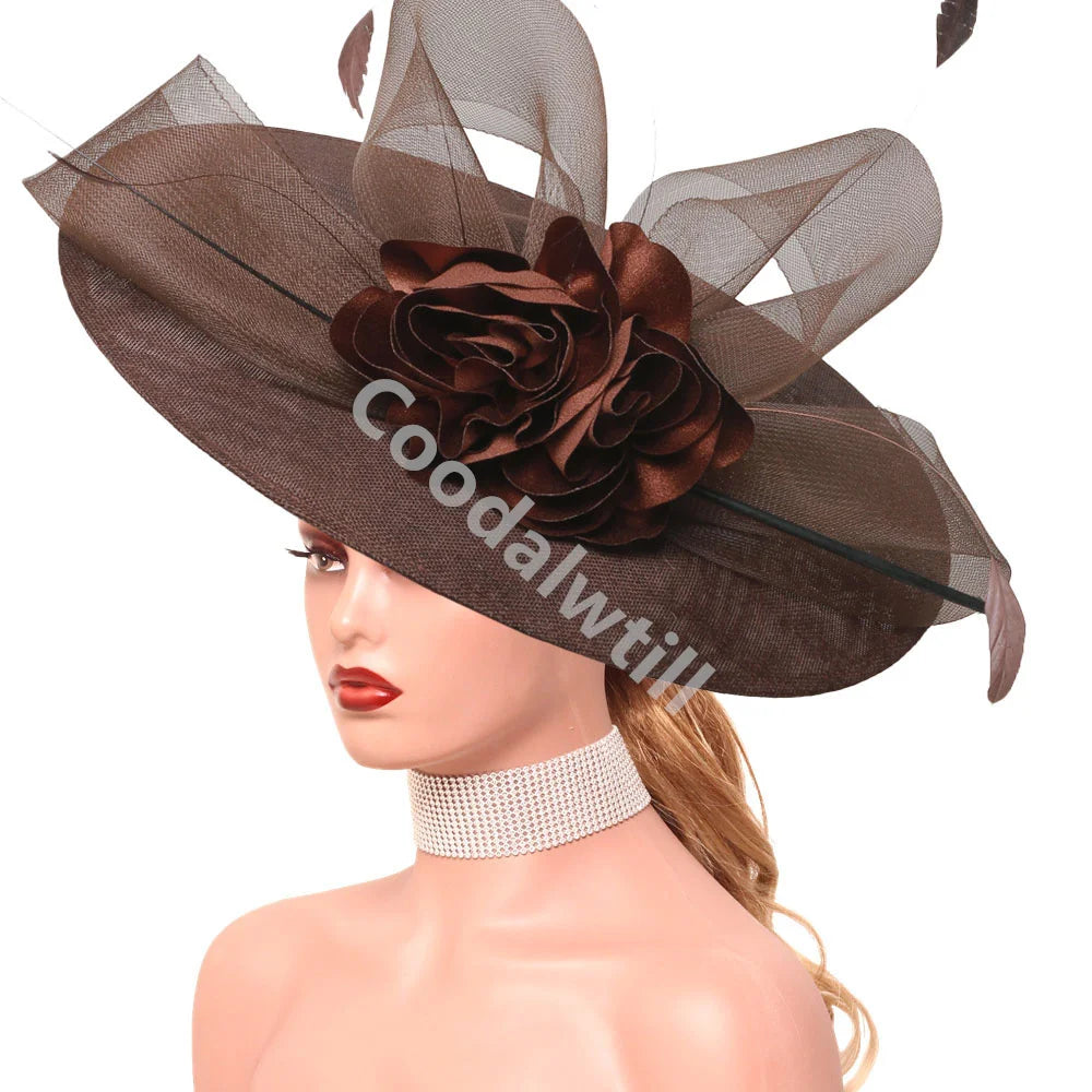 15 Colors Flower Big Royal Ascot Race Ladies Fascinator Luxury Hat Elegant Women Evening Wedding Party Business Dinner Opera Concert Red Carpet Headpiece Bride Wedding Headwear Apparel Accessories